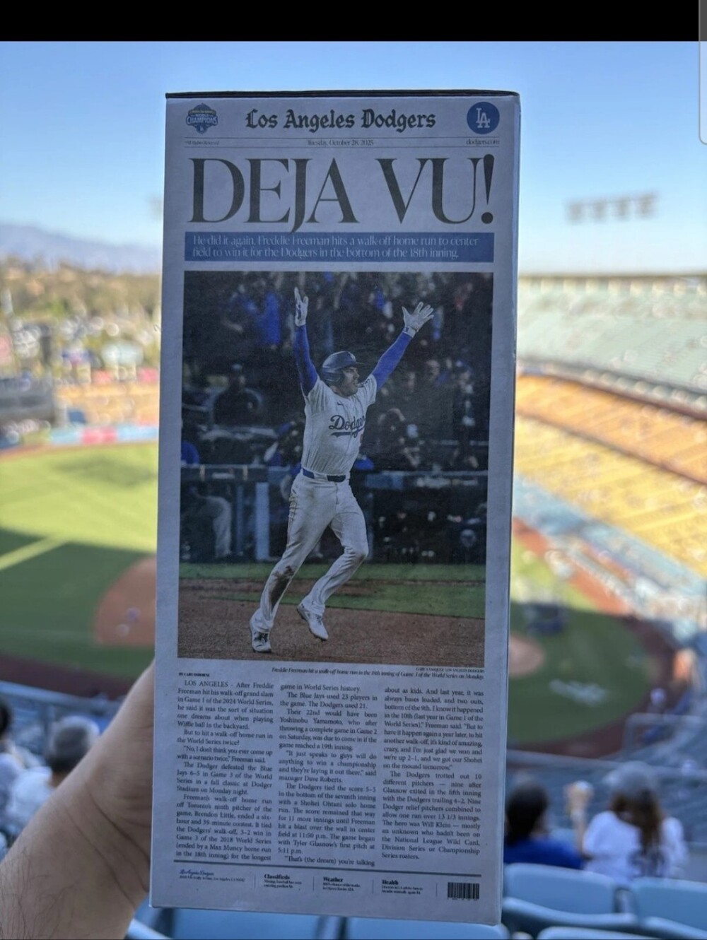 2026 FREDDIE FREEMAN WS DODGERS BOBBLEHEAD SGA 7/6/26 18 Inning Walk Off - Picture 2 of 5